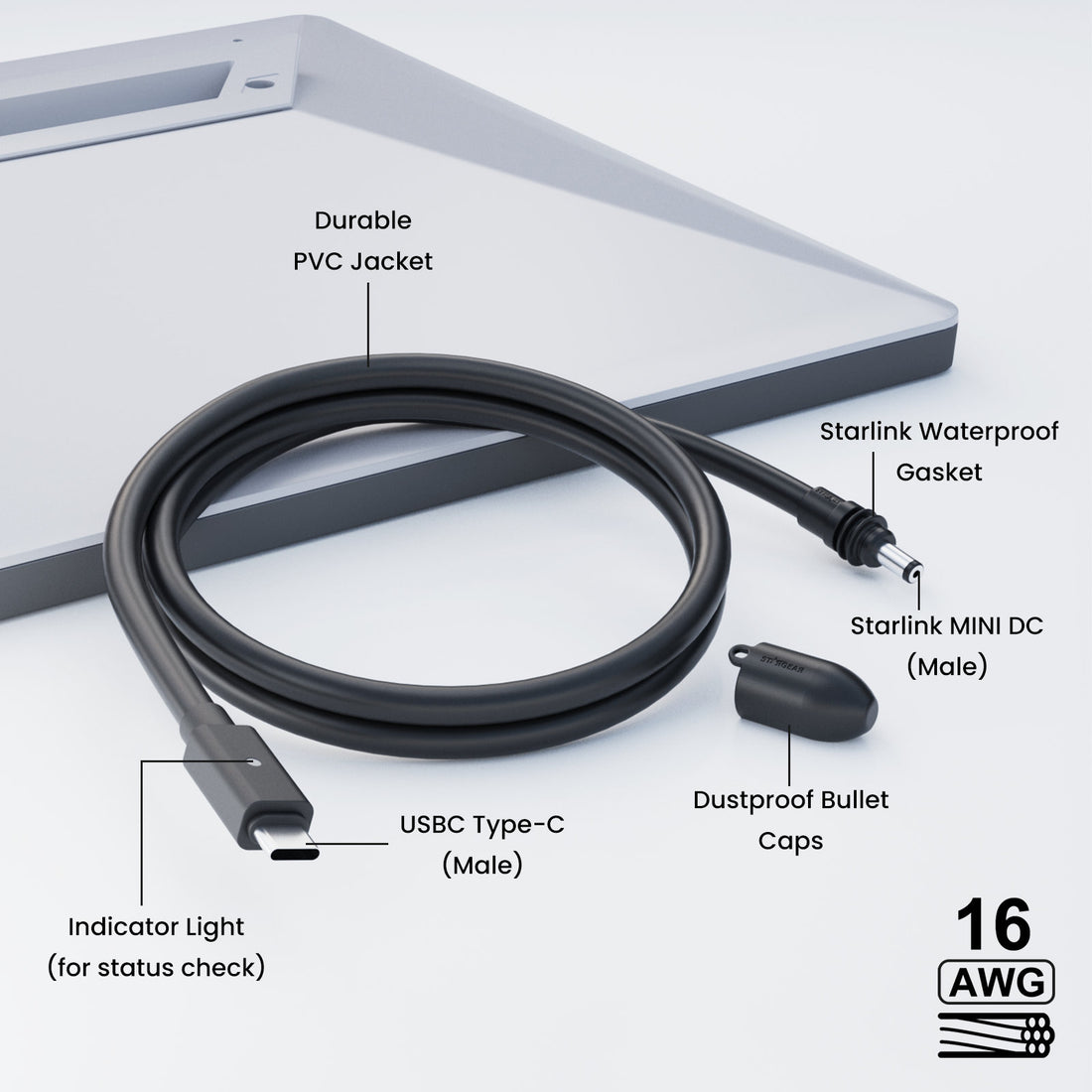 Starlink Mini Cable 16.4FT, 140W USB C to DC Power Cable 16AWG with Indicator Light, Work with 60W+ PD Source, Compatible with 28V PPS and 20V PD Protocols (5M/16.4FT)
